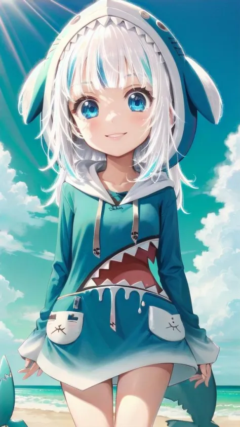 1girl, smile, gawr gura, blue hoodie, shark hood
 <lora:gura:0.8> <lora:luminous_hair_silver:1.3> <lora:body_size_control_v1.0:2...