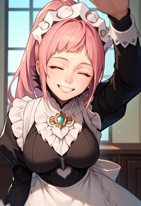 score_9, score_8_up, score_7_up, source_anime, solo, 1girl, feliciadef, grin, looking at viewer, incoming headpat, arm up, pink hair, ponytail, closed eyes, maid headdress, brooch, large breasts, indoors <lora:concept_incomingheadpat_ponyXL:1> <lora:felicia-fe-richy-v1_xl:0.9>