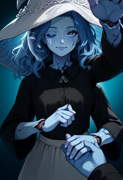 anime girl with blue hair wearing a large hat and holding a hand