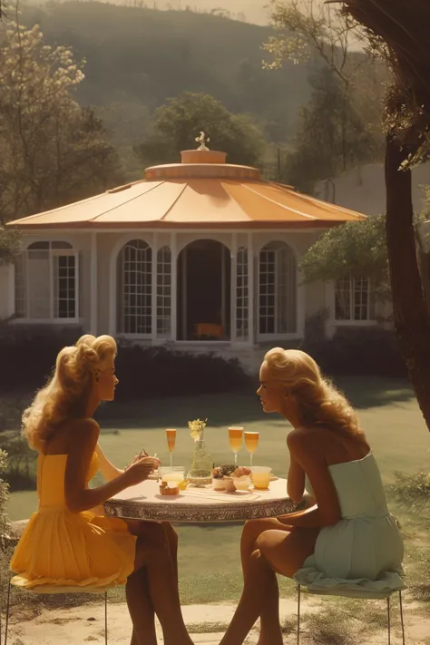 two women sitting at a table with drinks and champagne glasses