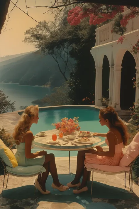 two women sitting at a table with a view of a pool