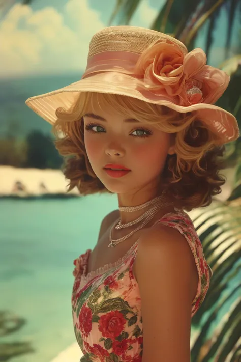 a close up of a young girl wearing a hat near a body of water