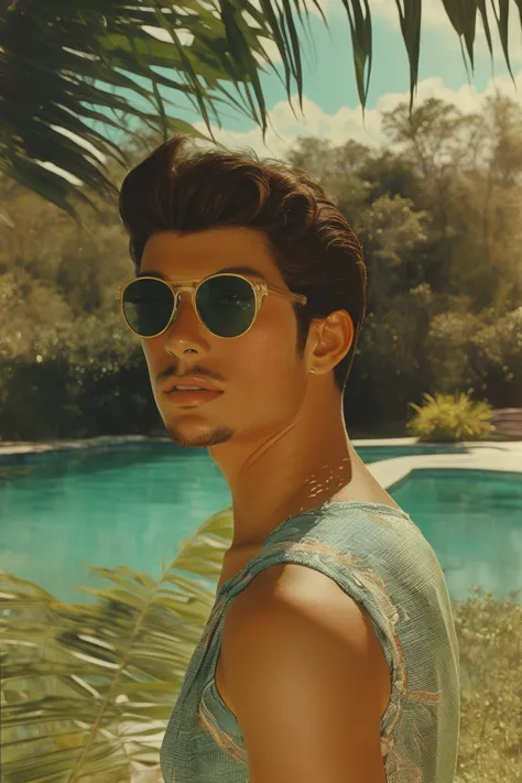 a close up of a person wearing sunglasses near a pool