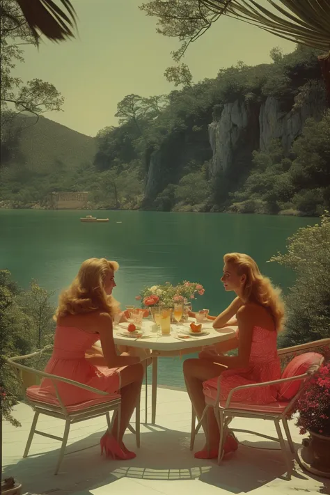 two women sitting at a table with drinks on a patio