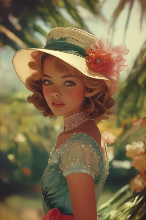 a close up of a woman wearing a hat and a dress