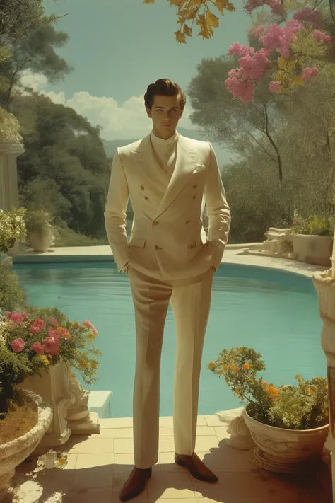 arafed man in a suit standing in front of a pool