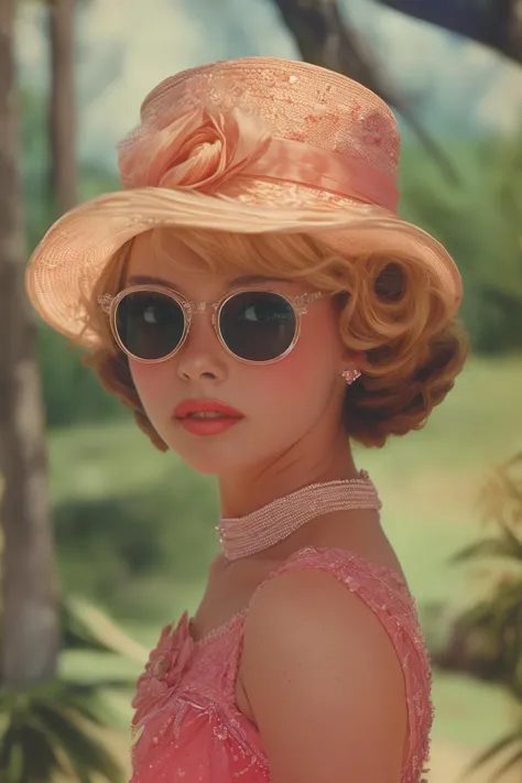 a close up of a woman wearing a hat and sunglasses