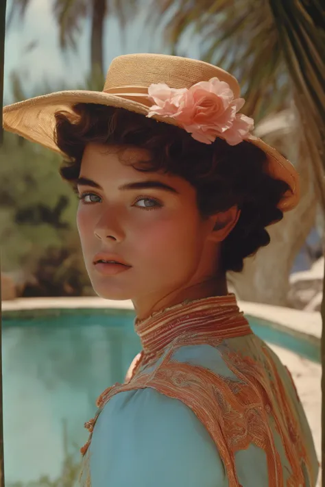 a close up of a woman wearing a hat near a pool