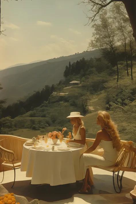 there are two women sitting at a table with a view of the mountains