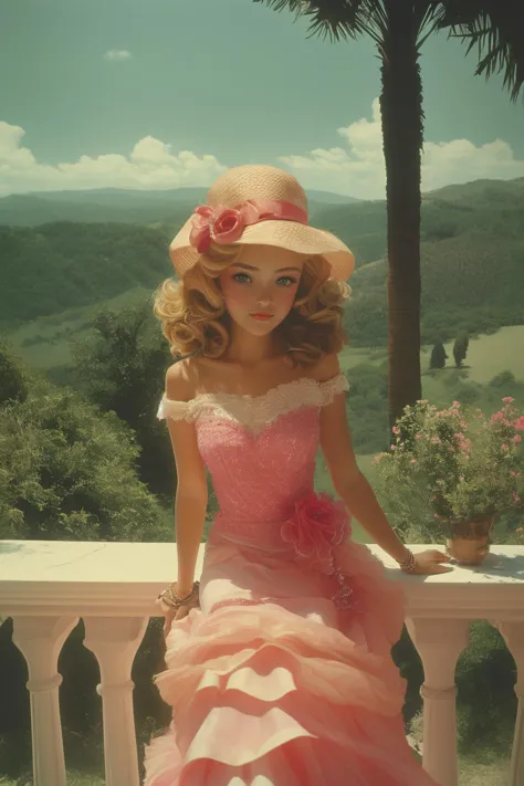 a close up of a woman in a pink dress and hat