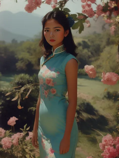 masterpiece,best quality, upper body,  a Nepalese girl, perfect eyes, China Dress, standing, park,
 <lora:tbh103-:0.8> style of Slim Aarons, illustration,