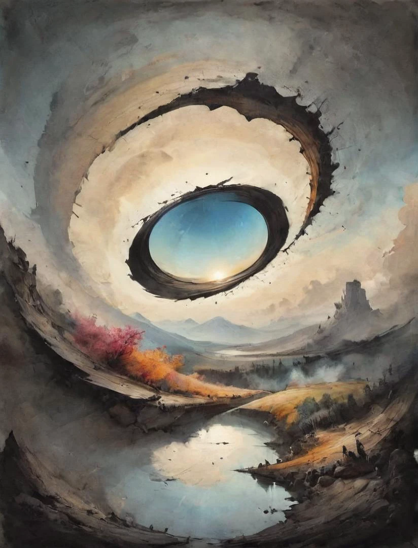 (dynamink:1.2), depiction of an optical illusion, landscape engulfed by a möbius strip, heavenly reflection upside down, mirror,  (colorful:1.1) (inked:1.2) (spots:1.1), cinematic, deep shadows, epic, high resolution, ptm-no2  otclillsn