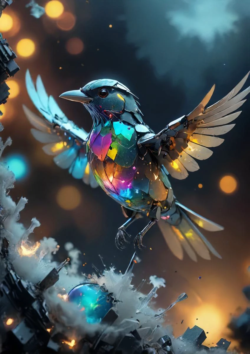 low angle, a mechanical holographic crystal bird is rising and cracked on translucent wings , eerie, bleak, challenging a mysterious sky of planets, epic, neon lights, smoke, particles,  