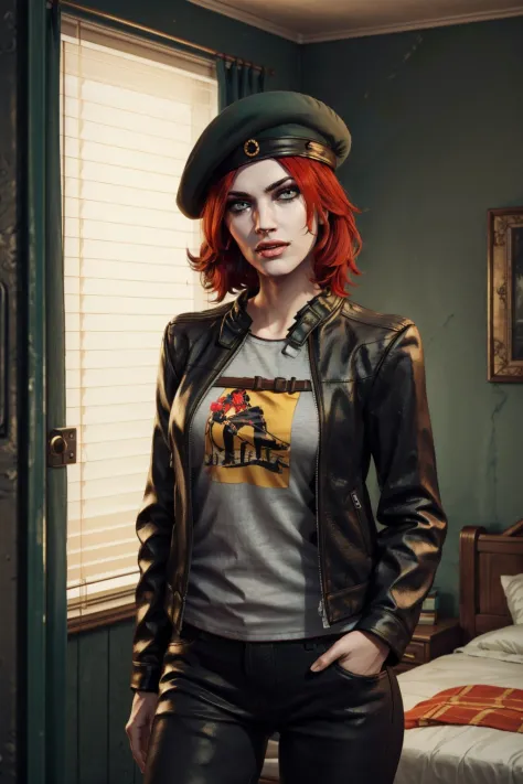 <lora:damsel-10:0.7>, damselVTMB_soul3142, 1girl, pale skin, grey eyes, red hair, beret, lipstick,  shirt, leather jacket, open ...