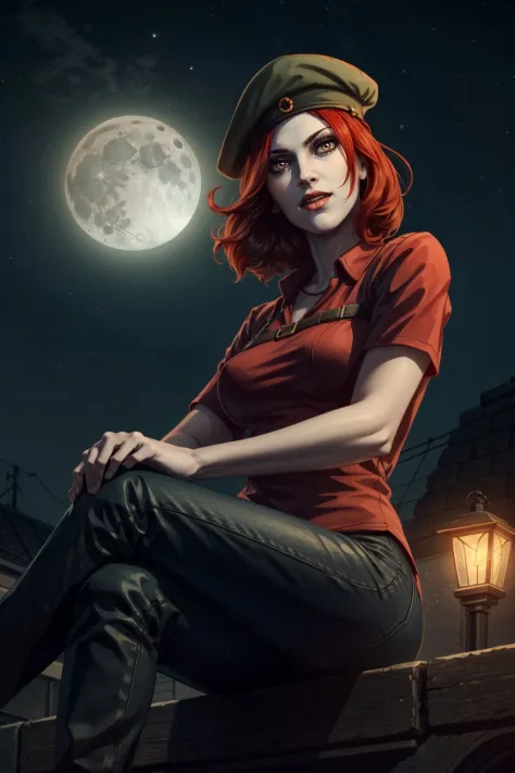 <lora:damsel-10:0.6>, damselVTMB_soul3142, red hair, short hair, beret, pale skin, vampire,  blood,  on face,  sitting, outdoors, night sky, moon, <lora:add_detail:0.5>