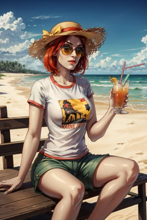 <lora:damsel-10:0.7>, damselVTMB_soul3142, red hair, short hair, pale skin, sunglasses, straw hat, tshirt, shorts, sitting, hold...