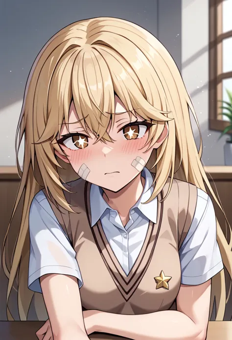 score_9, score_8_up, score_7_up, score_6_up,source_anime, BREAK,  shokuhou misaki, 1girl, upper body, star-shaped pupils, extra pupils, bright pupils, blonde hair, light brown eyes, sparkling eyes  hair between eyes, long hair, t-shirt, bandage on face, nose blush, sick, nervous sweating, indoors, sitting, infirmary, tokiwadai school uniform, white elbow gloves,summer uniform, brown sweater vest, collared shirt,white shirt, short sleeves, school emblem, v-neck, <lora:ShokuhouMisaki-XL-V3-10-test:1>