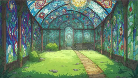 score_9, score_8_up, score_7_up, score_6_up, source_anime, masterpiece, best quality, silent, abondoned world, moss, contemporary, grass, looking out window, shed, stained glass, rainbow rain, (no people:1.2), scenery, rainbow water drop, indoors, looking outside pov, distorted lens