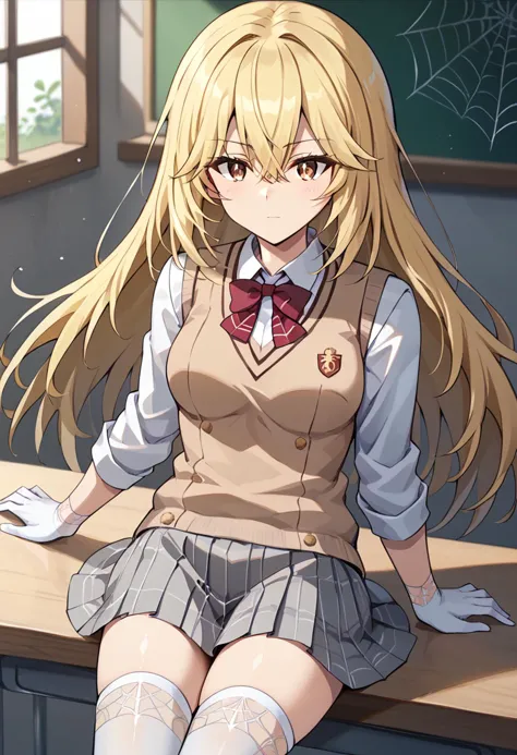 anime girl sitting on a desk with her legs crossed