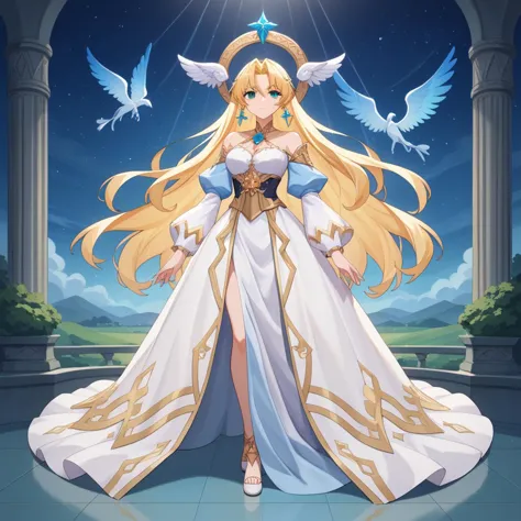 a woman in a white dress with long blonde hair and a sword