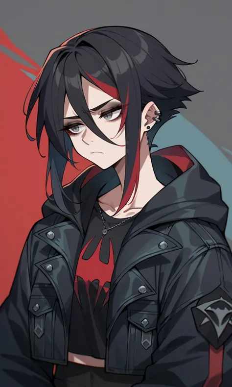 score_9, score_8_up, score_7_up, score_6_up, goth, black hair, red streak, grey eyes, black jacket, upper body, cropped torso, hood up, bored, tired,