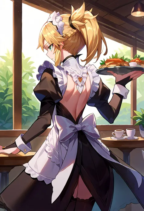 anime girl in maid outfit holding a tray of food