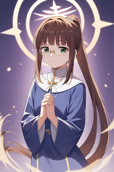 score_9, score_8_up,  <lora:ChamRuriMiyamotoPonyXL:1> RuriMiyamoto, brown hair, bangs, very long hair, ponytail, green eyes, glasses, priestess, purple robe, hands together, holy aura, surrounded by light, halo, soft smile