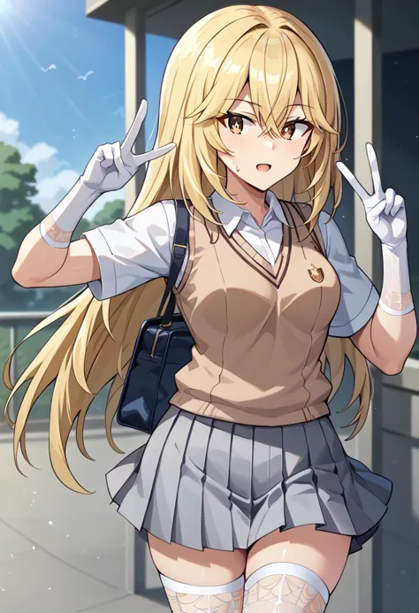 score_9, score_8_up, score_7_up, score_6_up,source_anime, BREAK,  shokuhou misaki, blonde hair, brown eyes, long hair, hair between eyes, sparkling eyes, 1girl, tokiwadai school uniform, white thighhighs, white elbow gloves, pleated skirt, summer uniform, brown sweater vest, collared shirt,white shirt, short sleeves, school emblem, spider web print, grey skirt, v-neck, <lora:ShokuhouMisaki-XL-V1:1>