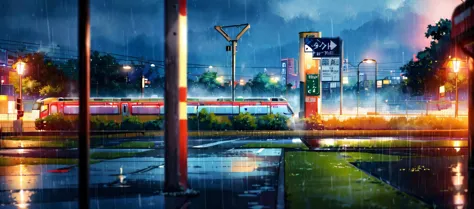 (杰作:0.6, 最好的质量),lost subway station in grass under 天空 in the night, 雨, 孤独, 湿的, 多雾路段, (天空), 下雪, 流星,