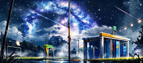 (걸작:0.6, 최고의 품질),lost subway station in grass under 열린 하늘 in the night, 비, 외로움, 젖은, 안개, (열린 하늘), 강설, 떨어지는 별,