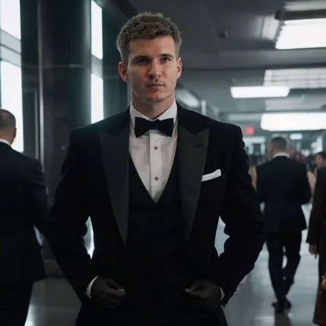 arafed man in a tuxedo standing in a hallway