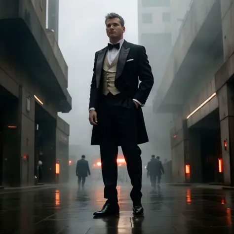 arafed image of a man in a tuxedo standing in a city street