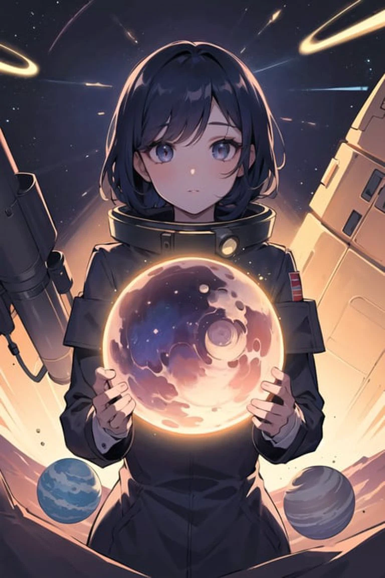 best quality, (masterpiece), Ultra-detailed, (novel illustration:1.2), (korean webtoon style:1.2), (bold line), (highres:1.2), dramatic light, 1girl, observatory, looking at space through long Telescope, space, planets, falling stars, light lines among planets, looking above, beutiful face, cogwheels