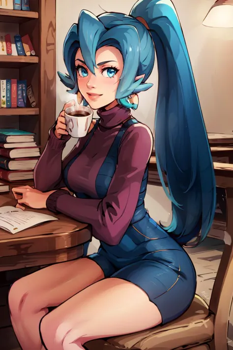 a cartoon picture of a woman sitting at a table with a cup of coffee