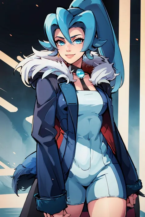 a cartoon image of a woman in a blue outfit and a furry coat