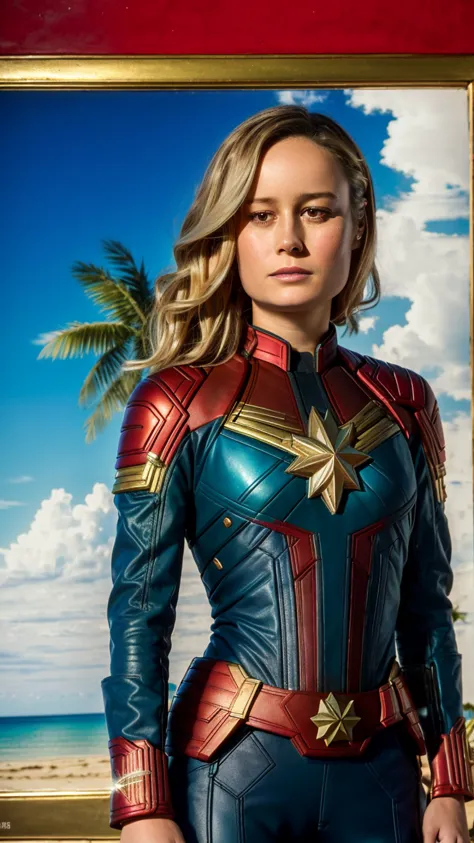 analog style, skin details, high detailed skin texture, ((photorealistic), film grain), 8k hdr, ultra realistic, film photography, dslr, Movie poster , tropical island, romantic, Brie Larson as captain marvel, (detailed skin,detailed eyes:1.3), beach Palm trees, masterpiece, intense , ambient light, Vivid color of field, High contrast, hyper realism, intricate detailed photorealistic, portrait photograph, trending, award winning photography, vivid colors, ultrahd, hdr shot, dramatic composition, vibrant colors, sharp details,  <lora:brieLarson_v10:0.8>,