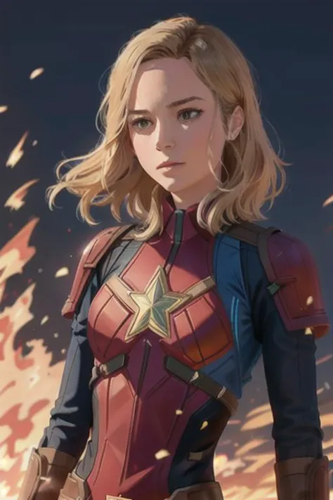 a woman in a captain marvel costume standing in front of a fire