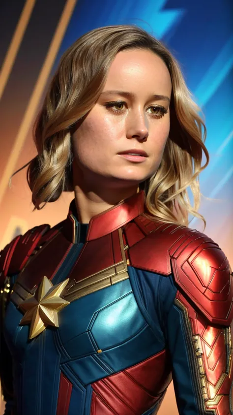 analog style, skin details, high detailed skin texture, ((photorealistic), film grain), 8k hdr, ultra realistic, film photography, dslr, Movie poster, action scene , tropical island, romantic, Brie Larson as captain marvel, (detailed skin,detailed eyes:1.3),  masterpiece, intense , ambient light, Vivid color of field, High contrast, hyper realism, intricate detailed photorealistic, portrait photograph, trending, award winning photography, vivid colors, ultrahd, hdr shot, dramatic composition, vibrant colors, sharp details,  <lora:brieLarson_v10:0.8>,