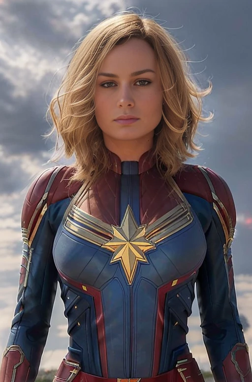 Brie Larson, mittellanges Haar, Ganzkörperportrait, trägt Captain Marvel-Outfit, sexy, Dekollete, Brüste zeigen