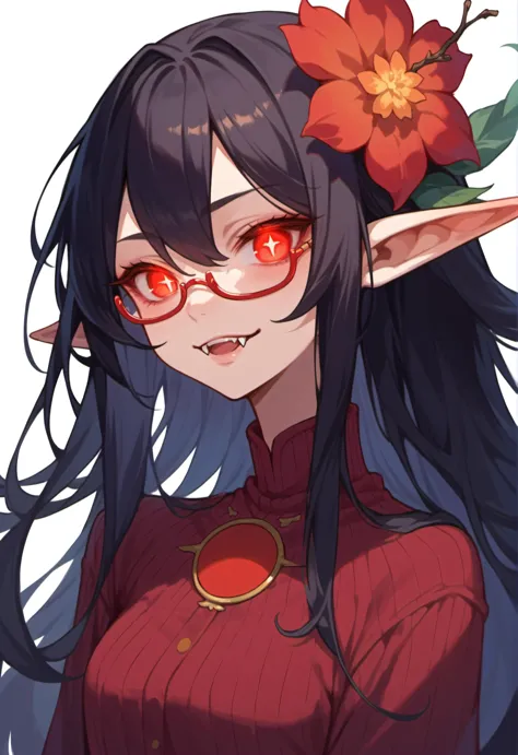 anime girl with red eyes and a flower in her hair