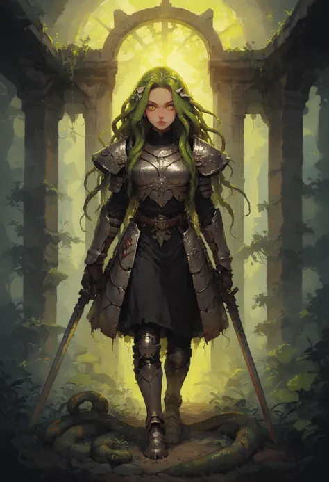 score_9, score_8_up, score_7_up, 1 girl, cute,  monster girl, medusa, freckles, ((snakes in hair, snake hair)), green hair, yellow eyes, ((slit pupils)), steel armor, warrior, holding a sword, stone temple, plants, nature, full body shot
<lora:Concept Art Twilight Style SDXL_LoRA_Pony Diffusion V6 XL:0.8>
<lora:incase_v14:0.8>
 <lora:g0th1cPXL:0.7> g0thicPXL, glowing, neon,