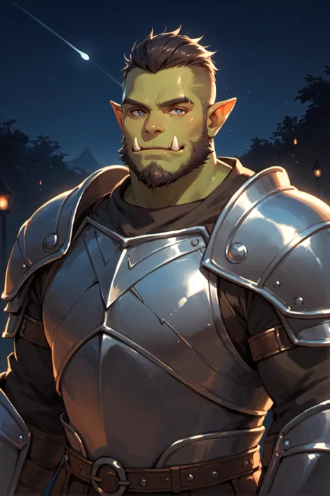 score_9, score_8_up, score_7_up, dark theme, low light, solo, male focus, mature male, orc, green skin, tusks, beard, outdoors, armor, looking at viewer, shoulder armor, breastplate, upper body, closed mouth, pauldrons, night, night sky, standing