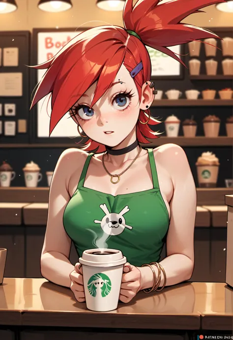 anime girl with red hair holding a cup of coffee