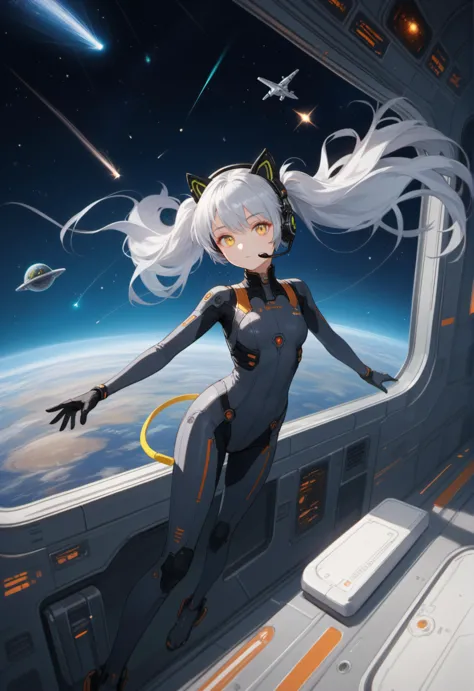 1girl, score_9, spacecraft interior, science fiction, yellow eyes, twintails, silver hair, cat ears, looking at viewer, headset, floating hair, long hair, bodysuit, floating, space, shooting star,