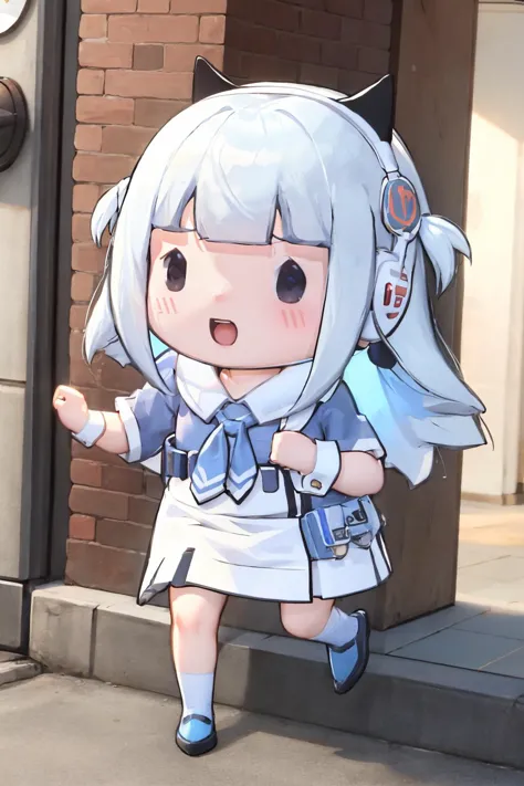 anime character with a white hair and blue eyes running down a sidewalk