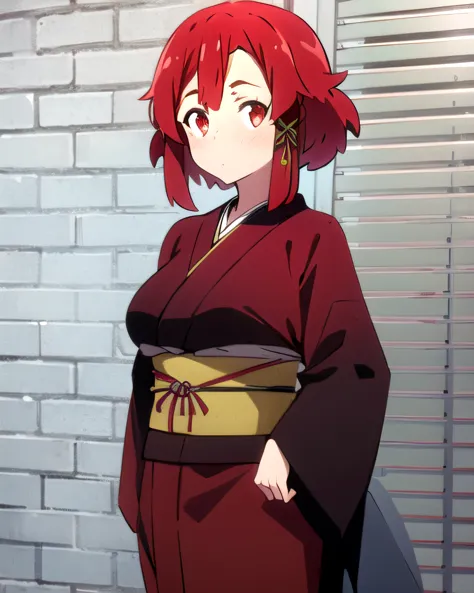 anime girl in kimono outfit standing in front of a brick wall