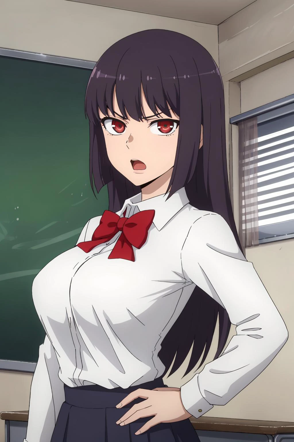 ((best quality)),((highly detailed)),masterpiece,absurdres,detailed face,beautiful face,(detailed eyes, deep eyes),1girl,((dynamic pose)),  sana, purple hair, long hair, solo, red eyes, , open mouth, bow, large breasts, chalkboard, classroom, cowboy shot, school, indoors, hand on hip, desk, shirt, angry, looking at viewer, dress shirt