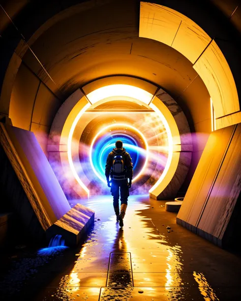 a person walking through a tunnel with a neon light  , Beeple, cinema 4 d, digital art, computer art