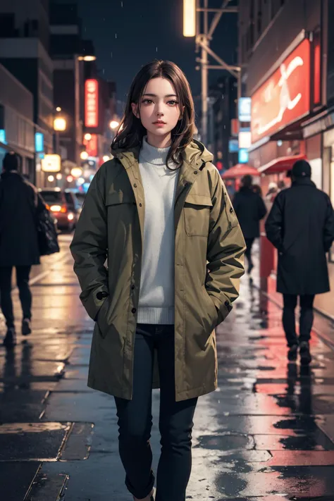 (best quality:1.4),(masterpiece:1.4),(8K:1.2),1girl,night city,rain,coat,hands in pockets,extremely detailed,