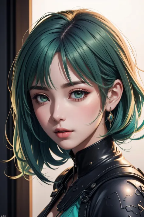 (best quality:1.4),(masterpiece:1.4),(8K resolution:1.2),(extremely highly detailed),woman with green hair,(Artgerm inspired:1.2),